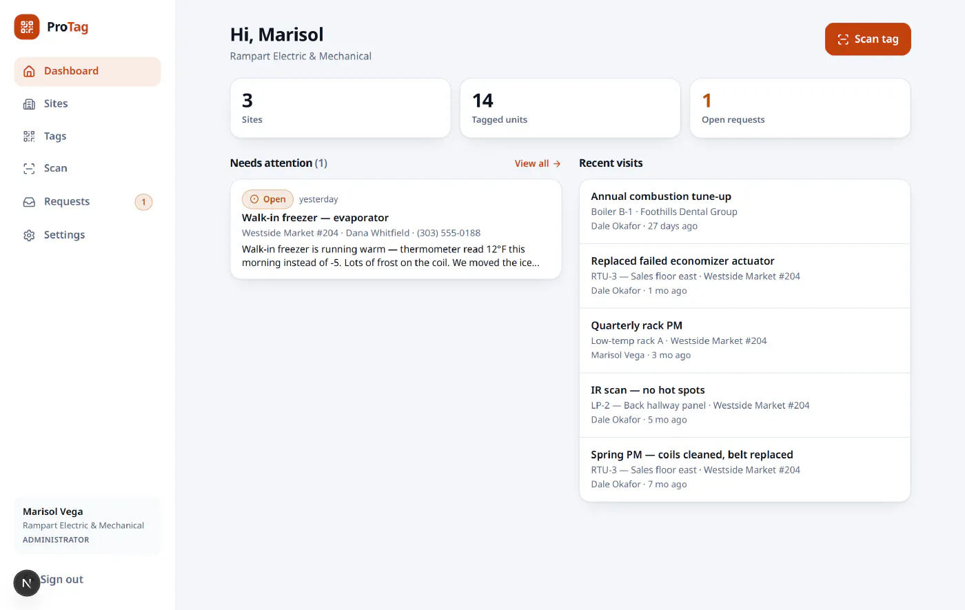 The ProTag dashboard on a desktop browser, showing site and tagged unit counts, an open service request for a walk-in freezer with the reporter name and phone, and a list of recent technician visits.