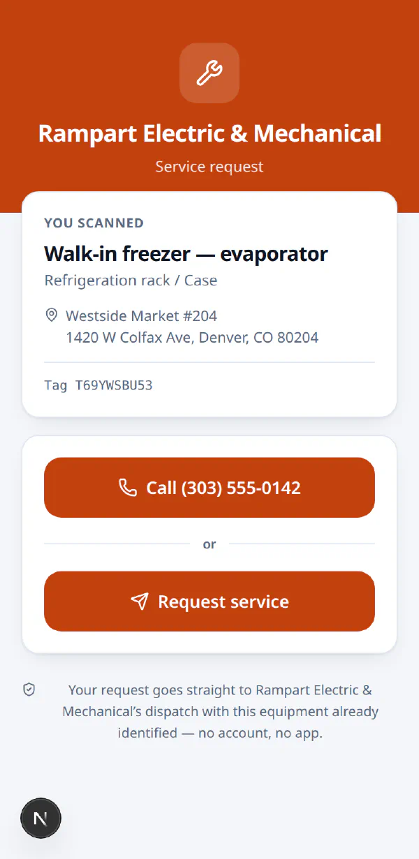 The ProTag customer portal on a phone, branded for Rampart Electric and Mechanical, showing the scanned walk-in freezer evaporator, its site address, a call button and a request service button.